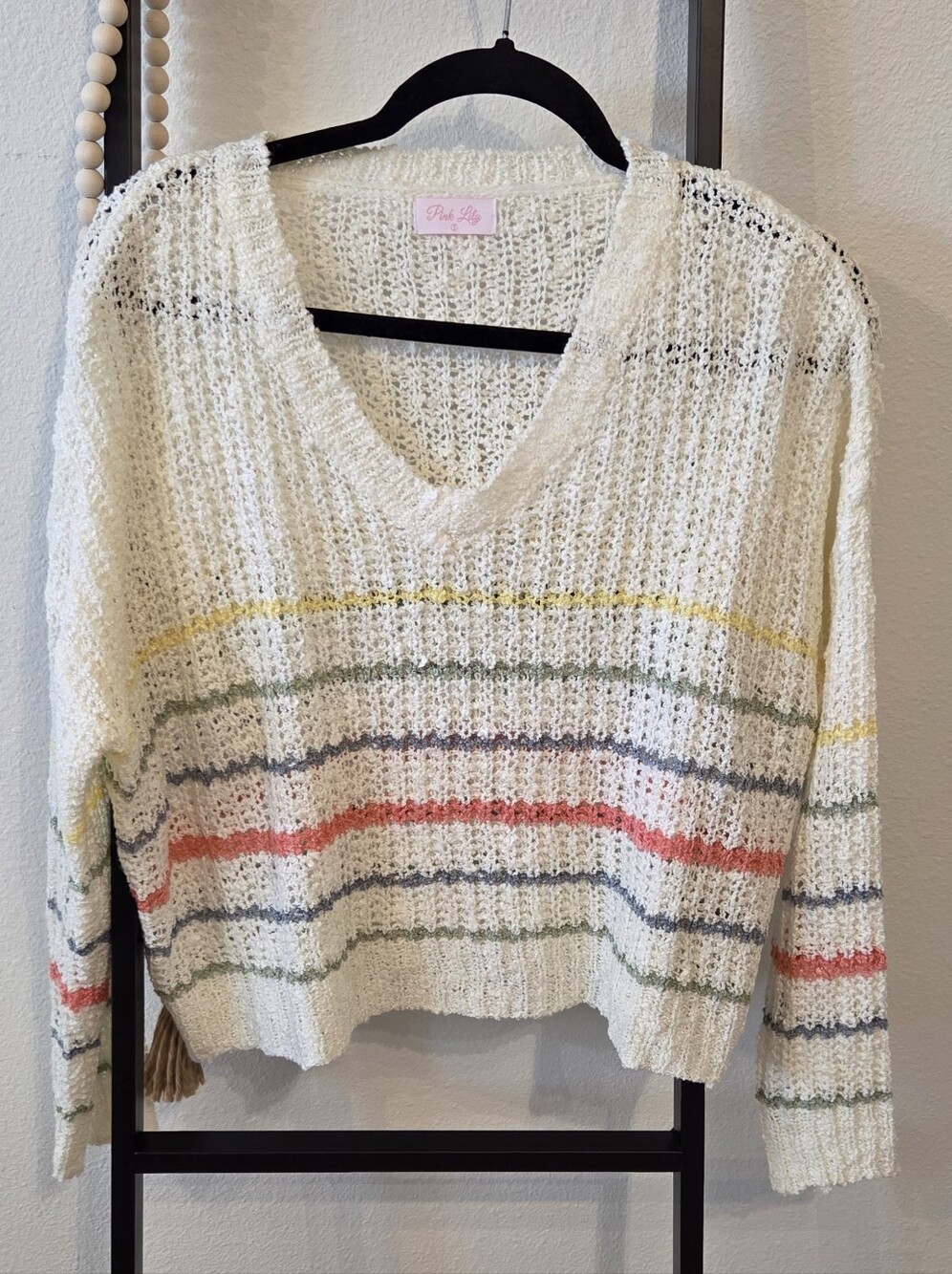 Pink Lily Cream Open Knit Striped V-Neck Sweater Women's Small Boho Lightweight